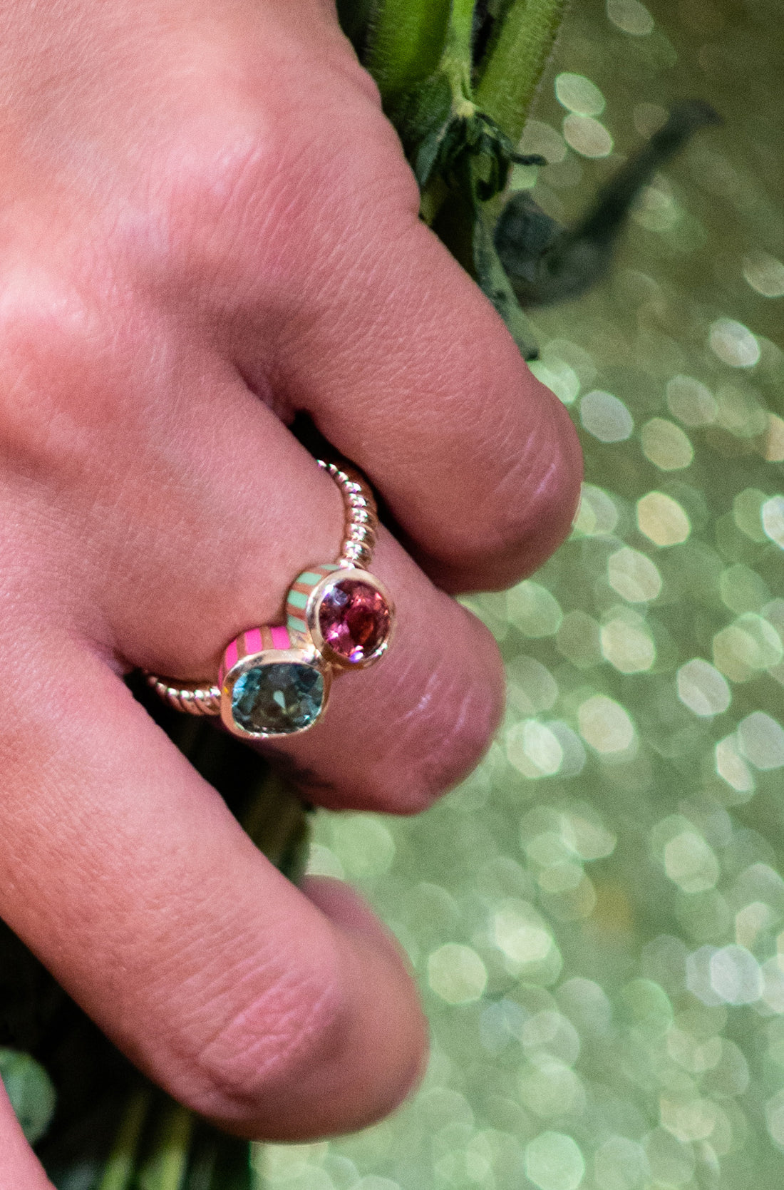 Two Stone Pink & Green Tourmaline Enamel Ring